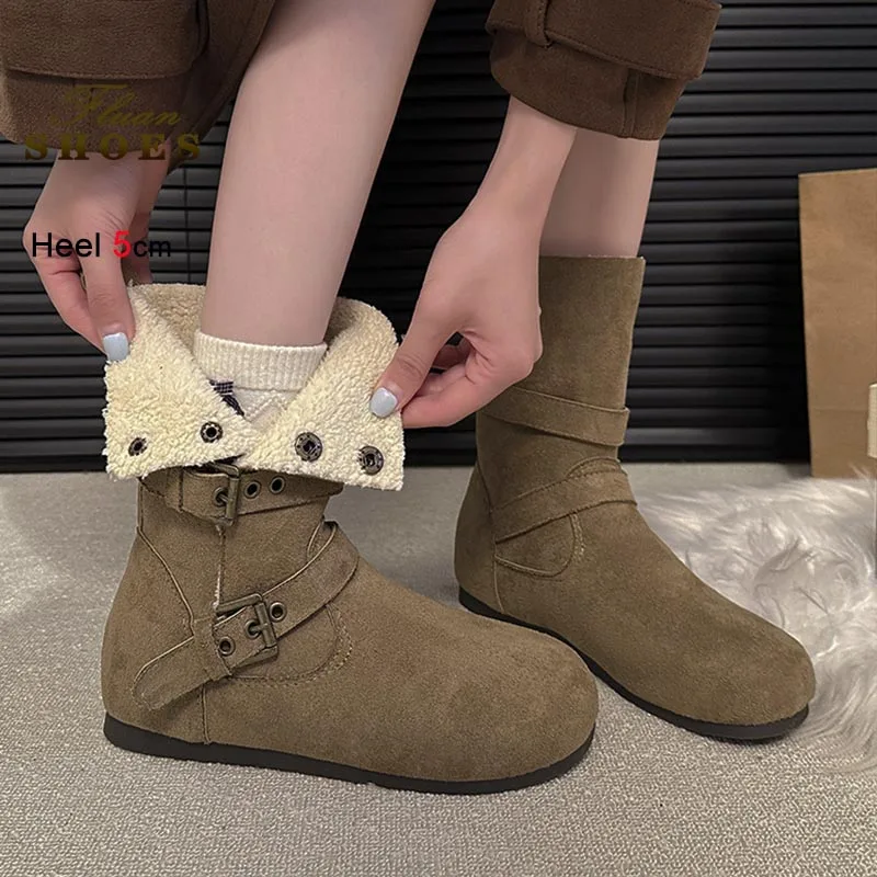 

Зимняя теплая хлопковая обувь, женские короткие ботинки, утепленные теплые зимние ботинки на толстой флисовой подкладке, кожаные ботильоны с пряжкой, увеличивающие рост