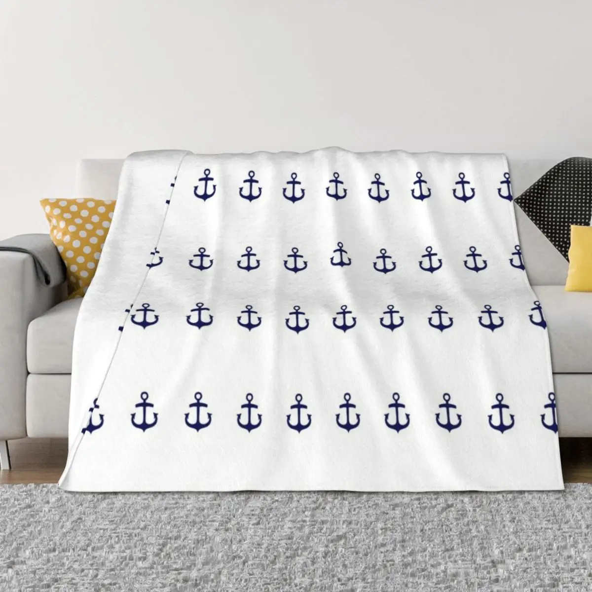 

Navy Blue Anchor Pattern Throw Blanket Hairy Thermal Summer Thermals For Travel Blankets
