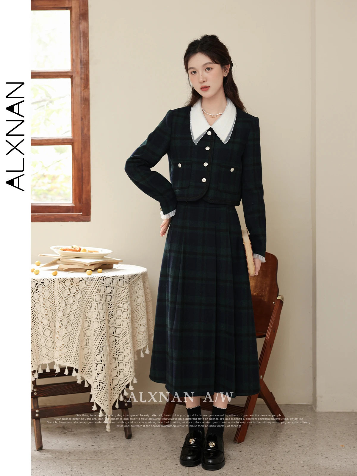 ALXNAN Schwarzer Wollrock, lang, A-Linie, hohe Taille, Bürodame, Faltenröcke, Damen, 2025, Herbst, lockere Passform, Damenbekleidung, LXN32066BSQ