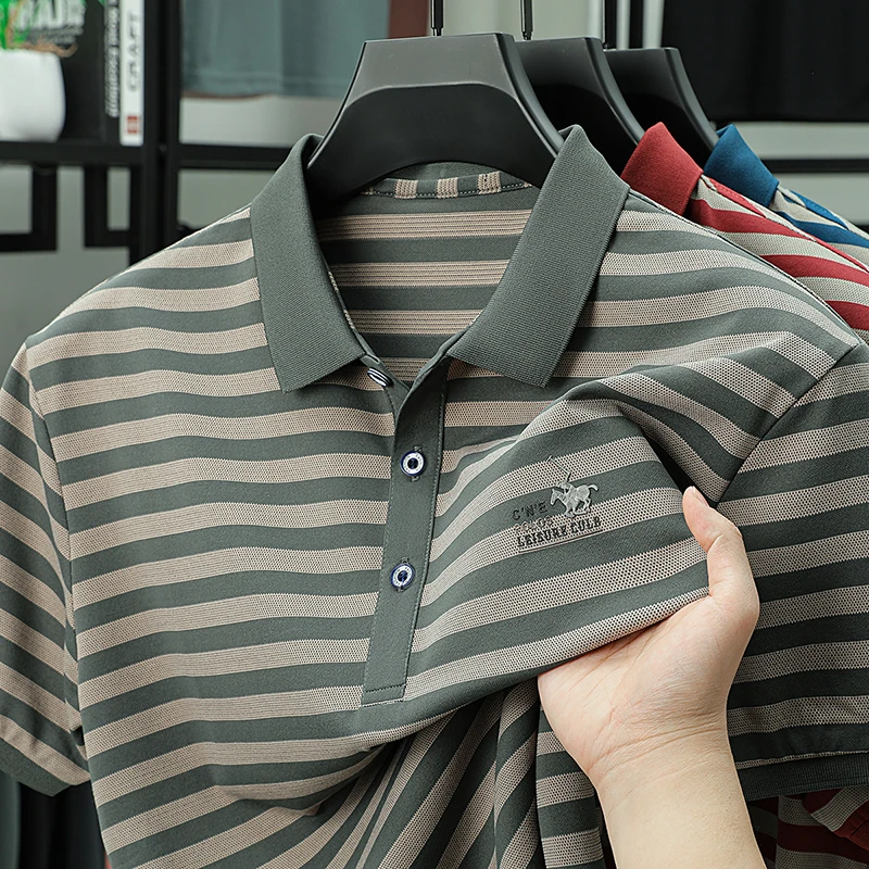 Men's Contrasting Striped Lapel Short Sleeved T-shirt, Summer Dad Outfit, New Cool POLO Top