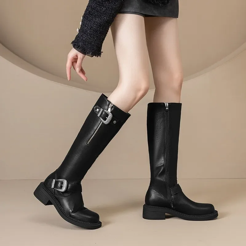 Ladies Shoes 2024 High Quality Side Zipper Women's Boots Fashion Belt Buckle Modern Boots Women Winter Round Toe Knee-High Boots