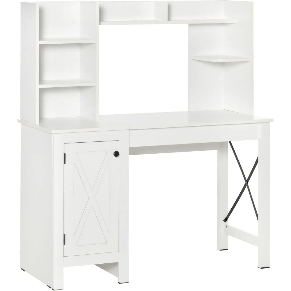 

Farmhouse Computer Desk with Hutch and Cabinet, Home Office Desk with Storage, for Study, White