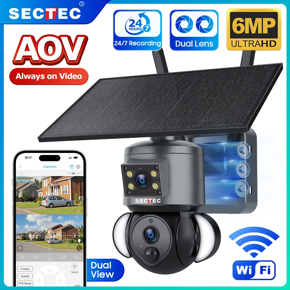 SECTEC 6MP Dual Lens AOV Solar PTZ Camera AI Human Tracking 24/7 Recording 4G WiFi Color Night 2-Way Audio IP65 Waterproof