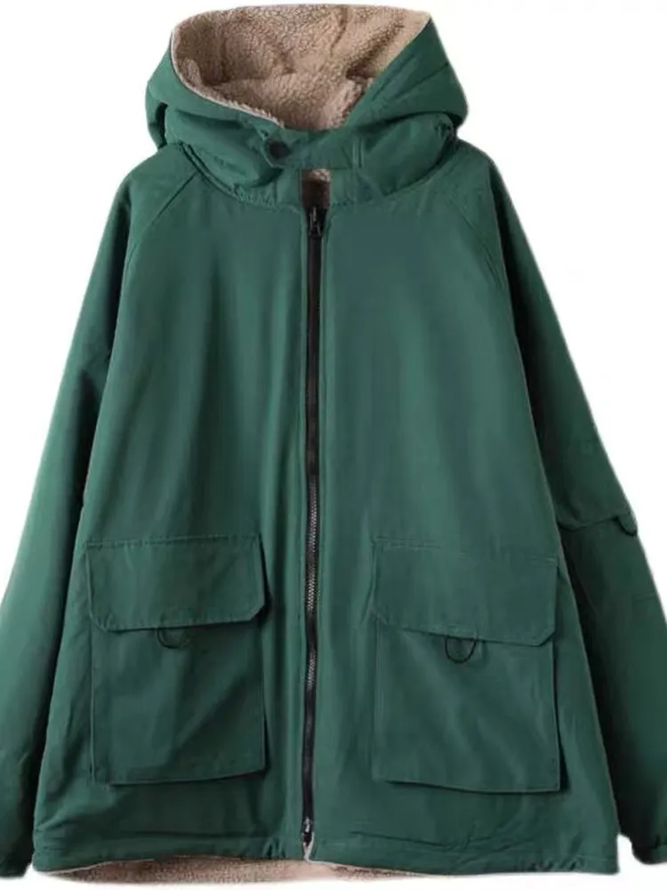 Plus Size Damen Lose Künstlerisch Retro Lange Sve Kapuze Warme Oberbekleidung Winterkleidung Neue doppelseitige Kleidung Lammsamt Kinderbett...