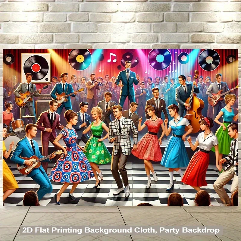 1 Stück 2D-Flachbanner-Hintergrundstoff, Retro-Tanzparty- und Musik-Performance-Hintergrundstoff aus Polyester