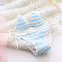 Japanese Sexy Lingerie Lolita Kawaii Blue Pink White Striped Mini Bikini Adult Cosplay Women Bra Underwear Set Frenum Swimsuit