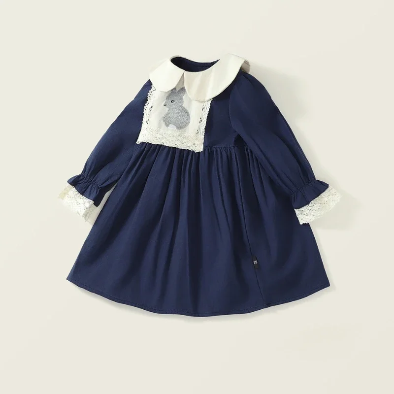 HoneyCherry Girls Doll Collar Rabbit Embroidery Dress Fashion Long Sleeve Navy Lapel Princess Dresses