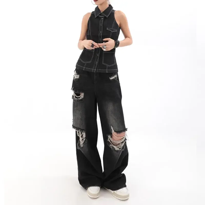 Pantalones vaqueros rasgados Retro para mujer, Jeans rectos de pierna ancha, ropa de calle Y2k, nueva moda de otoño