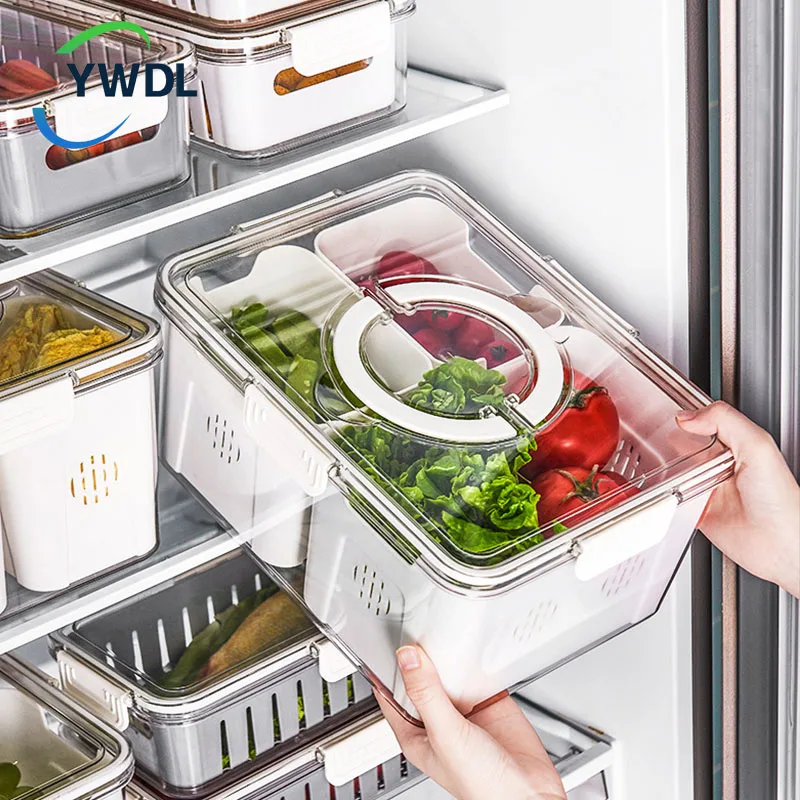 

Refrigerator Storage Box With Lid And Handle Food Preservation Box Frozen Divided Serving Tray Kitchen Fruit Fish Containers