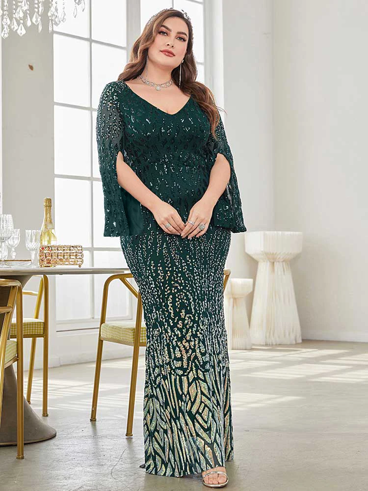 Xuibol Plus Size Elegante Pailletten Avondjurk 2024 Vrouwen Formele Maxi Lange Mouwen Feest Zeemeermin Jurk Luxe Cocktail Jurk