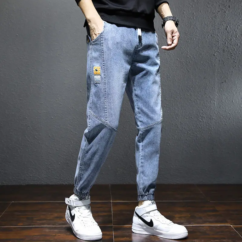 

Spring Autumn Men's Jeans Casual Spor Youth Trendy Loose Fit Elastic Waist Denim Pants American Retro Nine Point Large Size