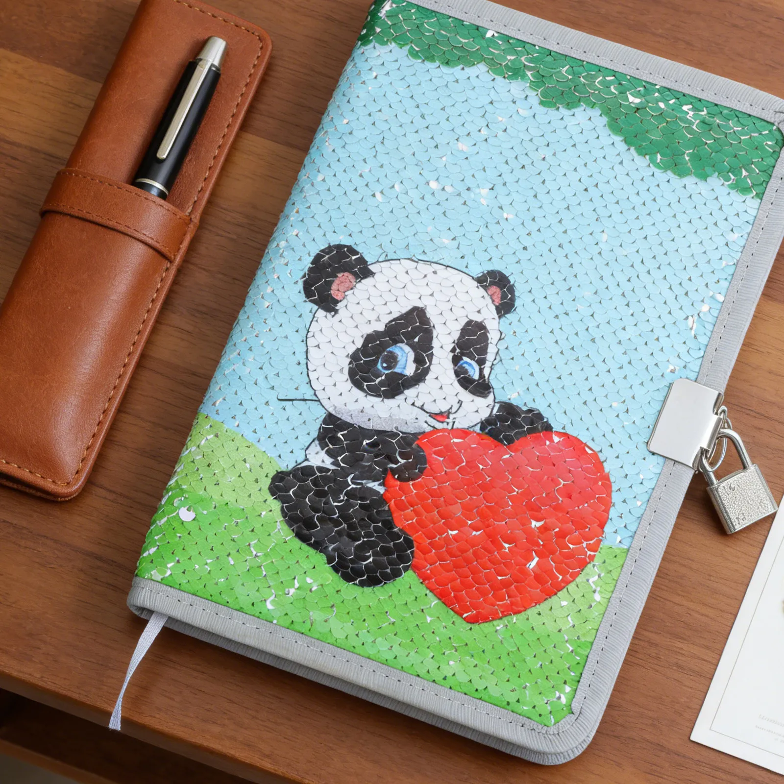 A5 Reversible Sequin Panda Notebook Diary with Lock and Key for School Writing Journal Sketchbook Cute Animal