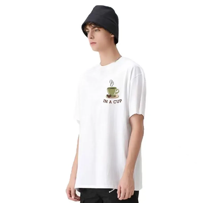 Men's summer short-sleeved 220g weight tea cup pattern pure cotton 100% pure cotton casual loose T-shirt