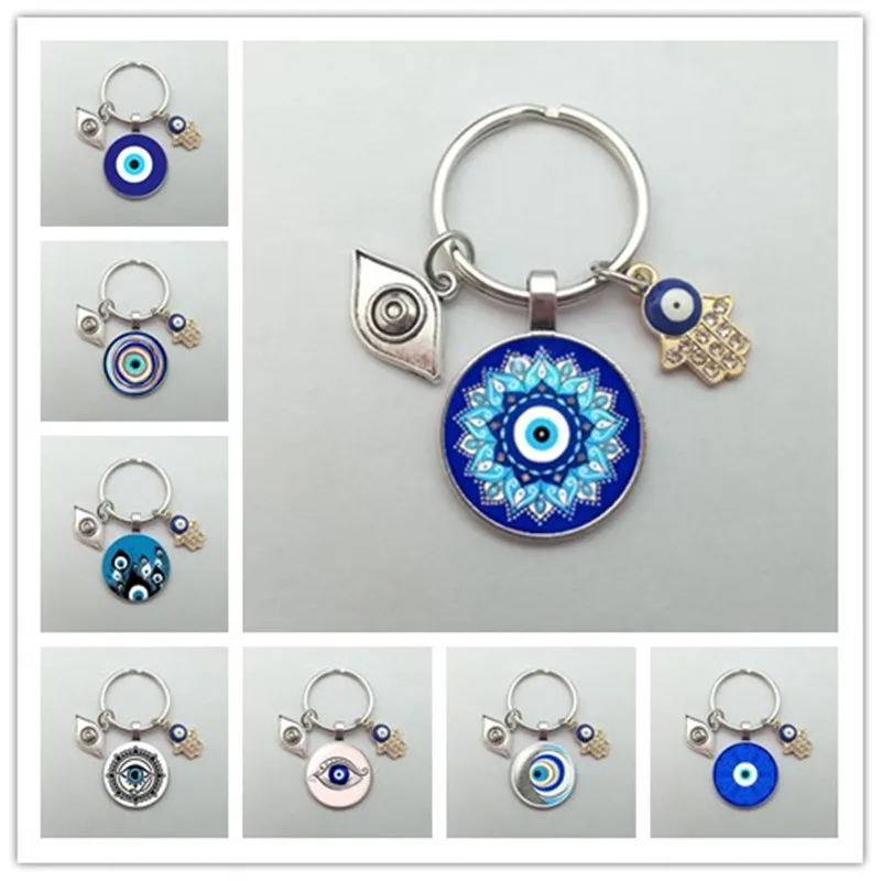 Beautiful Blue Evil Eye Religious Photo Round Glass Keychain Evil Eye Pendant Keyring Eyelashes Big Evil Keychain Jewelry Gift