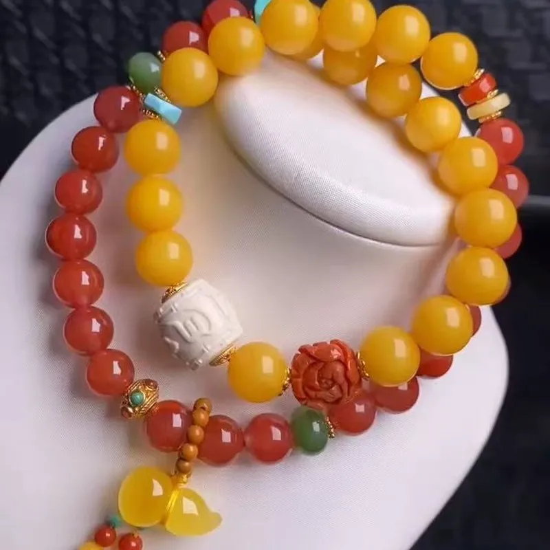 Natural Old Amber Chicken Oil Yellow Double-Circle Bracelet 9Mm, Rich In Wax Quality, Paired With Turquoise And Jasper