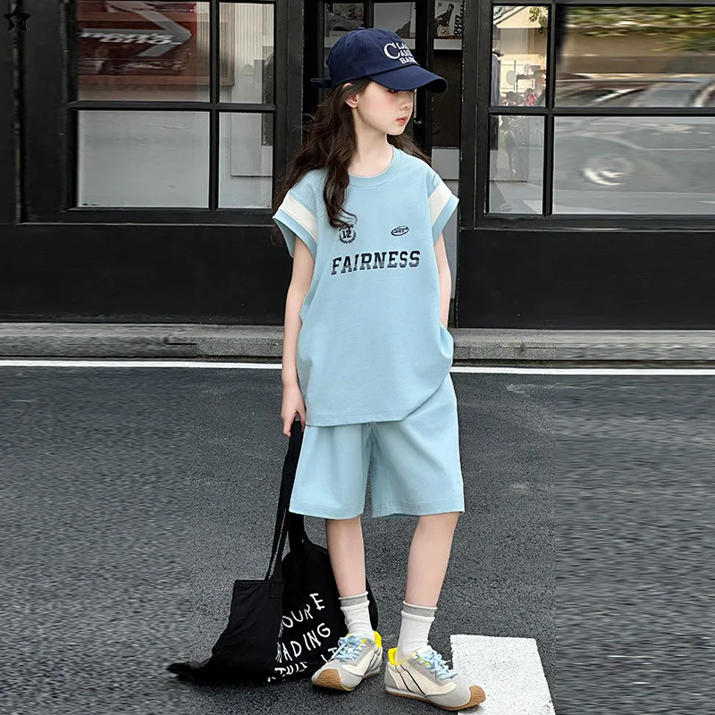 

Girls' Summer Sports Set, Sleeveless Shorts Two-piece Set, Summer Set for Teens Aged 7-14, Casual Set