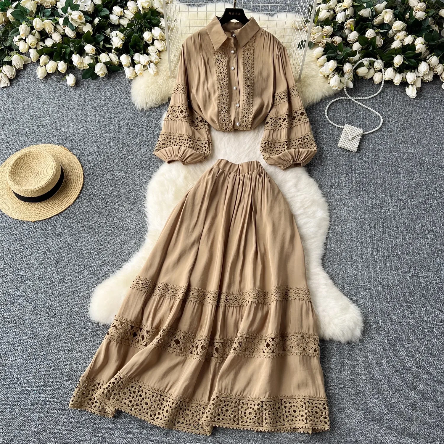 

Embroidery Lace Hollow Out 2 Pieces Set Women Lantern Sleeve Blouses Tops And High Elastic Waist A-Line Maxi Long Skirts Outfits