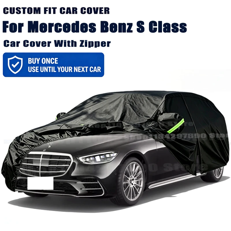 For Mercedes Benz S Class W221 W222 W223 Car Cover With Door Zipper Waterproof Snow Rain Anti-UV Dustproof Outdoor Protector