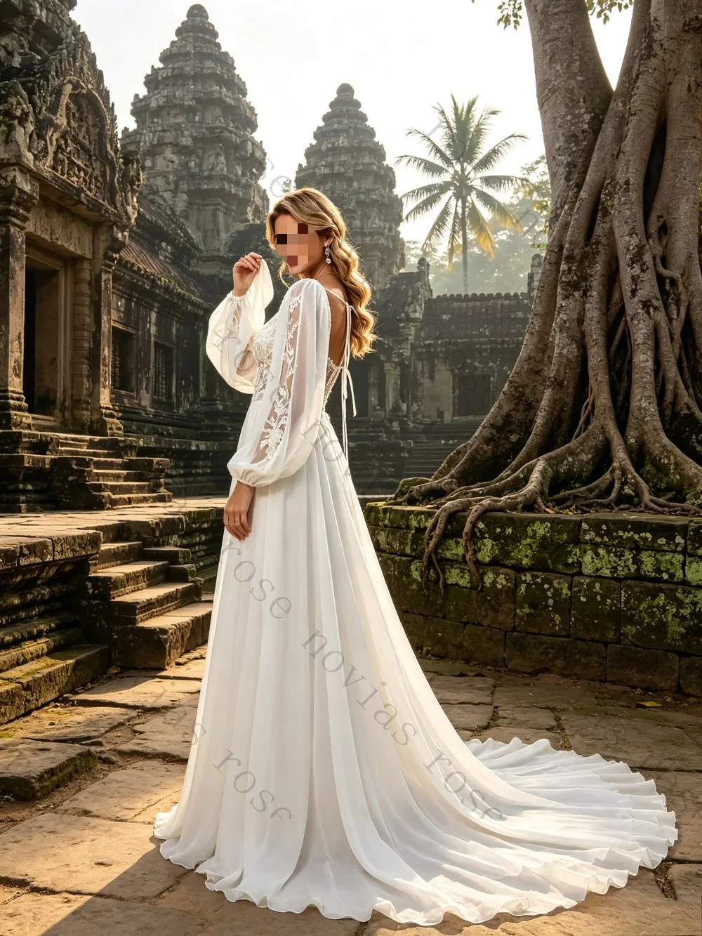 Customized Flowing Lace Applique Chiffon Wedding Dress 2026 Long Sleeved Deep V-neck Bohemian Bridal Gown Suitable for The Beach