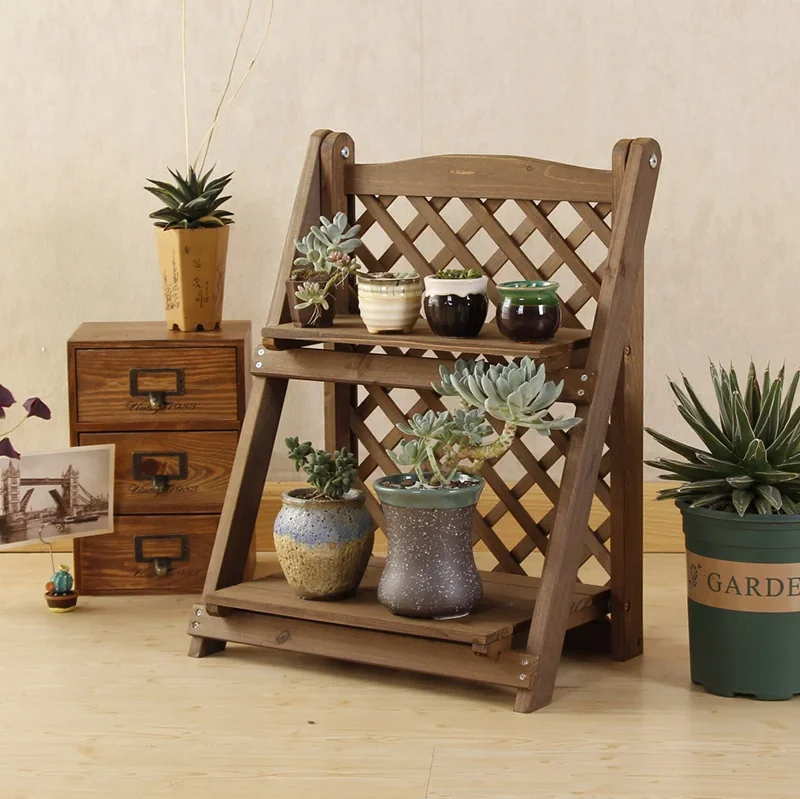 Simple two-layer folding free small wooden shelf succulent table bay window mini solid wood flower rack rack cosmetic rack
