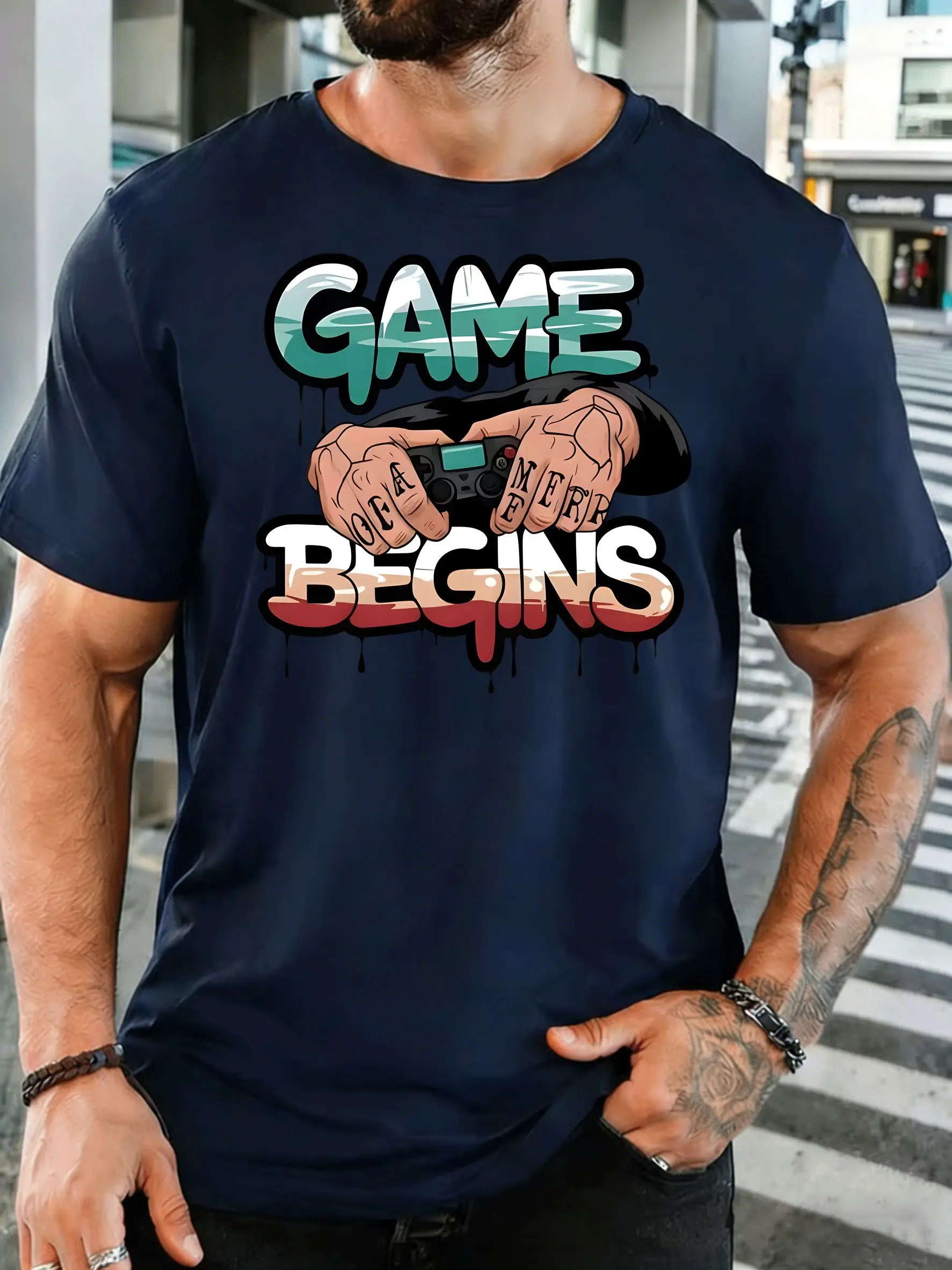 Men Short Sleeve T Shirt Game Begins Graphic Tee Game Controller Print Tops Summer Soft Cotton Casual Street Wear For Adult Male