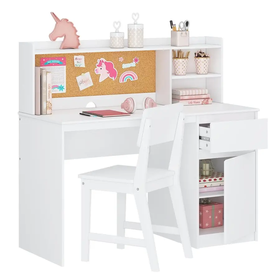 

Kids Study Desk with Chair, Kids Desk and Chair Sets with Hutch and Storage Cabinet, Wooden Children Study Table, Student Writi