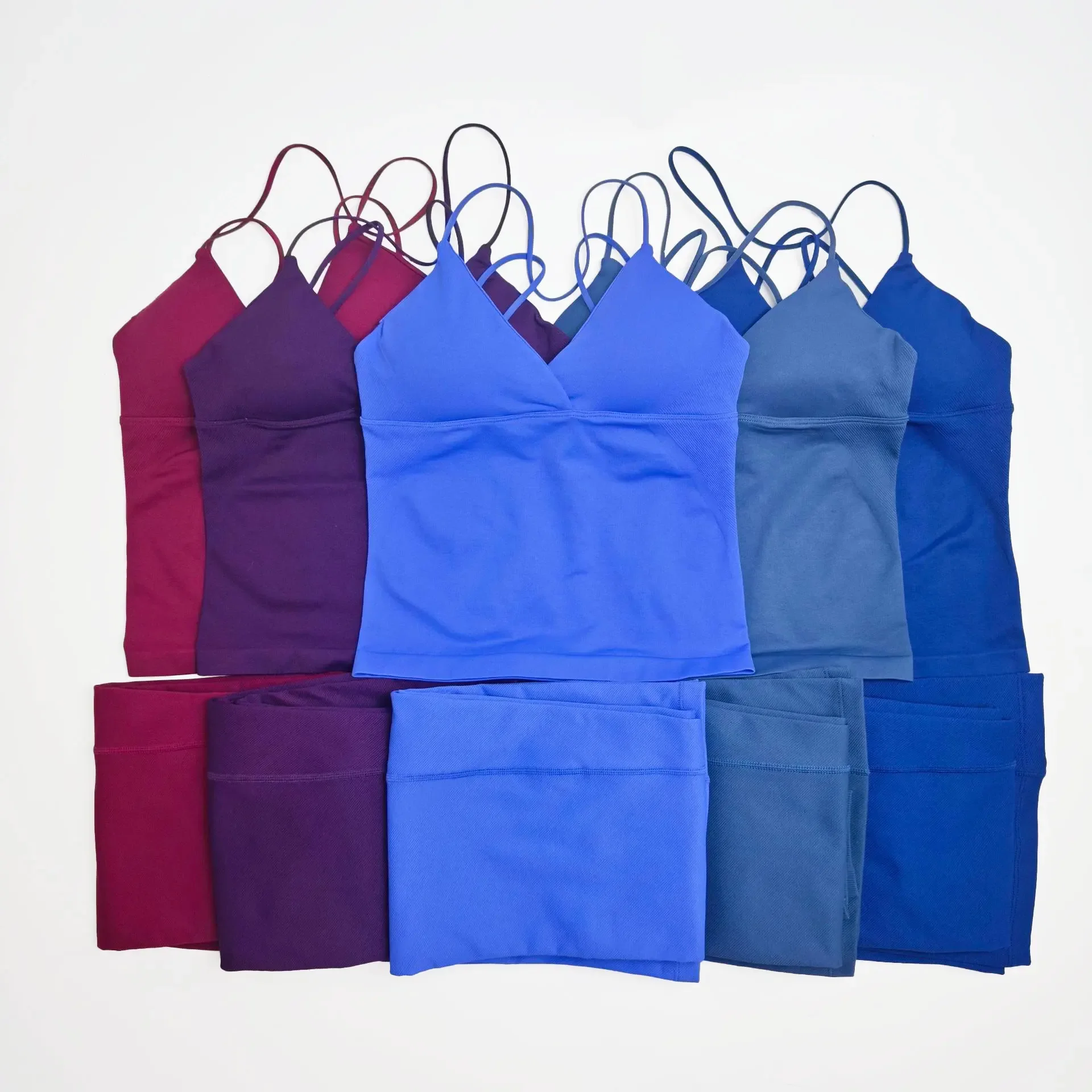 2Pcs Women Seamless Yoga Workout Sets Thin Strap Tank Top Cross Waist Flare Hip Shaping Leggings Gym Running Pilates Sport Suit