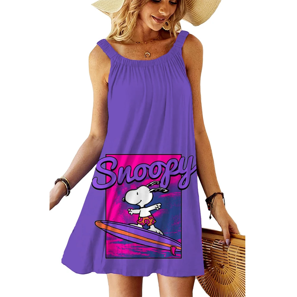 Women's Beach Dresses Snoopy Kawaii 2025 Summer Youthful Woman Clothes Y2k Anime Sanrio Leisure Elegant Chic Dress Boho Sling