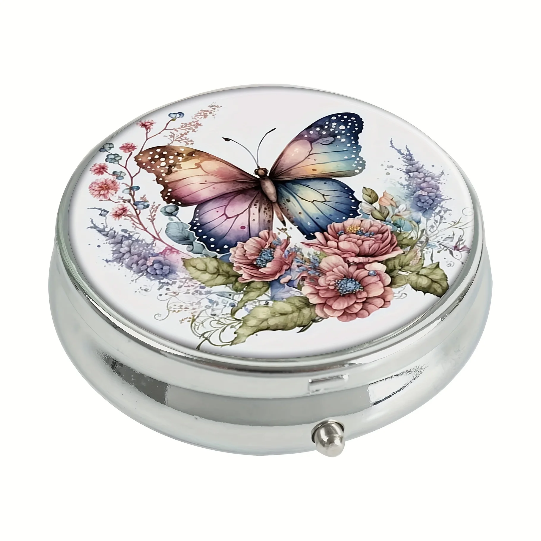 Vintage Butterfly Floral Round Pill Box,Household Portable Medicine Storage Box,3-grid Sub-packaging Medicine Box,Outdoor Travel