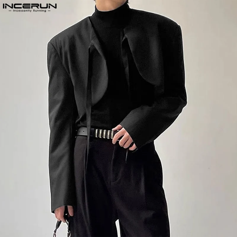 

INCERUN Men Irregular Blazer Solid Color Lace Up Long Sleeve Open Stitch Streetwear Crop Suits Men 2024 Fashion Thin Coats S-5XL