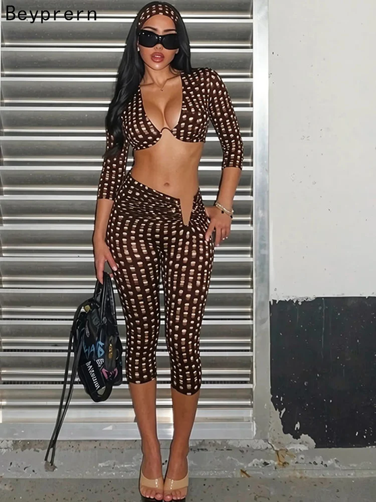 Beyprern Women Print 3 Piece Set Deep V Neck Crop Top Capri Leggings Matching Headband Sexy Clubwear Summer Tracksuit