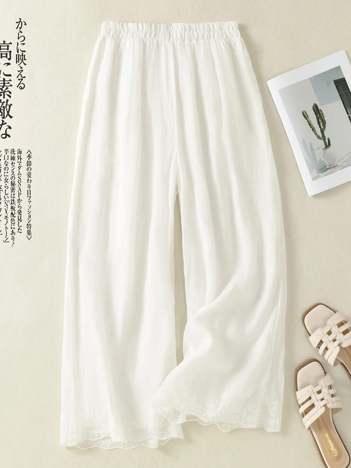 Verão fino confortável respirável cintura alta calças largas femininas algodão linho bordado renda guarnição solta ajuste perna reta...