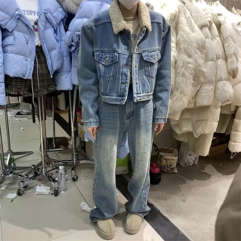 

Denim Coat Belt Fur Plush Womens Fall Buttoned Waistband Notched Campus Professional Elegant Chic Workwear Fitted Standneck Ins