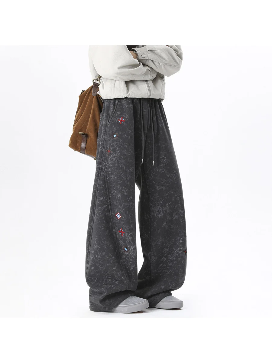 American Sle Tie Dye Fce Lined Casual Pants Men's Loose Wide Leg Straight Cut Trousers Spring Autumn Seasonal Design