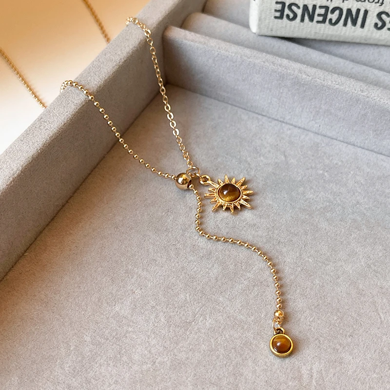 Lange Sonnenblume Tigerauge Stein Anhänger Halskette für Damen Accessoires 2025, neue Herbst/Winter Pullover Kette Licht Luxus Schmuck – Detail 8