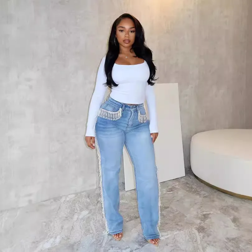 

Женские прямые брюки, джинсы длиной до пола, брюки с кисточками, эластичные брюки со средней талией, стираные 2021, уличная одежда, джинсы, винтажные потертые брюки