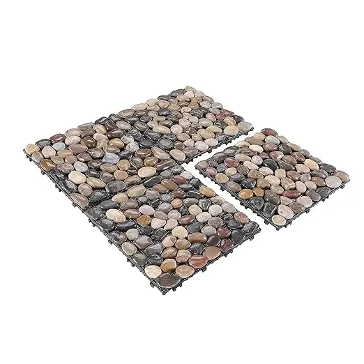 

Pebble Interlocking Floor Deck Tiles Polished Real Stone Tile Indoor Outdoor Use 12”x12” (4Pcs, 4 sq. Ft, Polished Mixed Color)