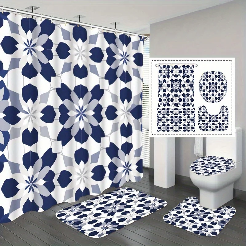 

Geometric Floral Bathroom Set - Four Pieces: Shower Curtain + Rug + Toilet Seat, U-Shaped Mattress, Navy Blue Mosaic Decor