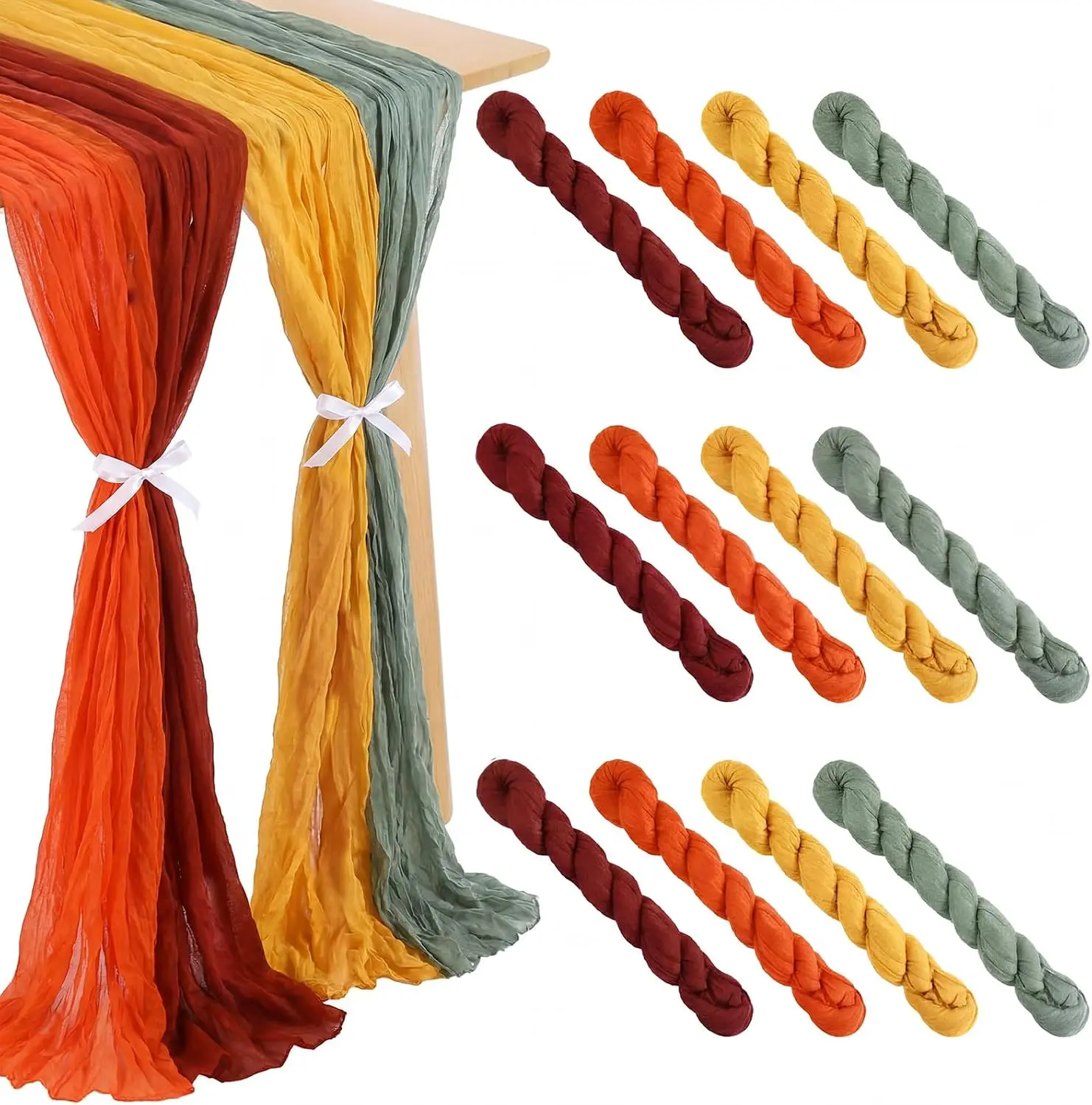 4pcs Fall Cheesecloth Table Runner Green Orange Turmeric Maple Red Decor Thanksgiving Autumn Wedding Bridal Shower Party Decor