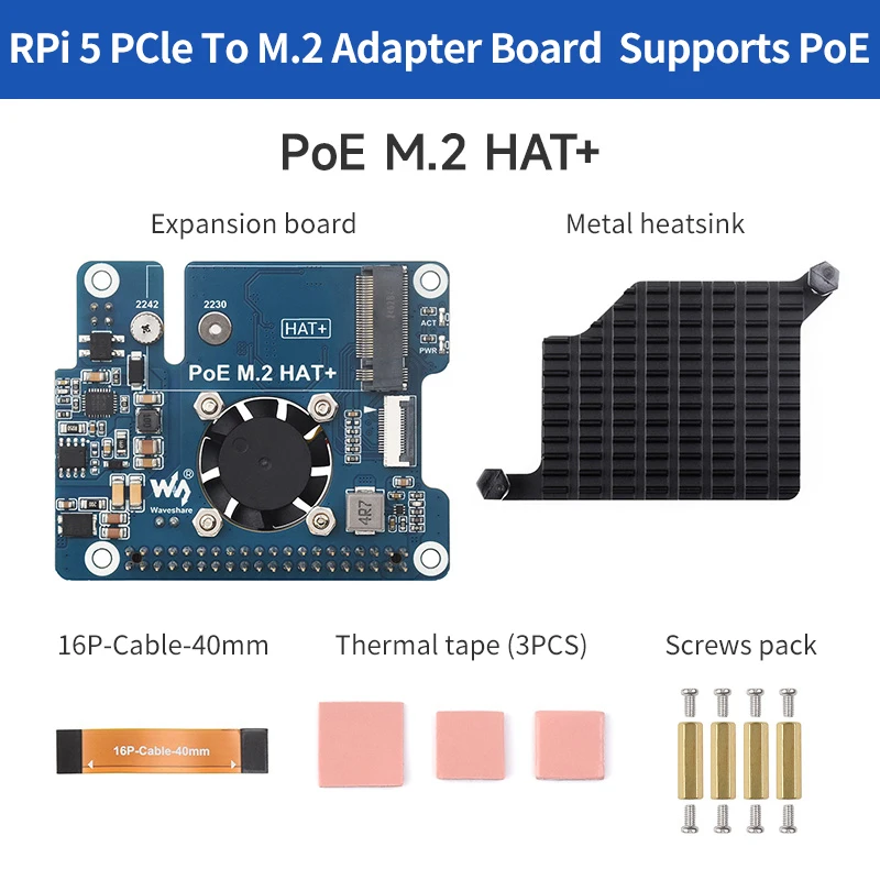 Raspberry Pi 5 PCIe naar M.2-adapter met PoE-ondersteuning NVMe-protocol M.2 Solid State Drive 802.3af/At Netwerkstandaard Pi 5 PoE HAT