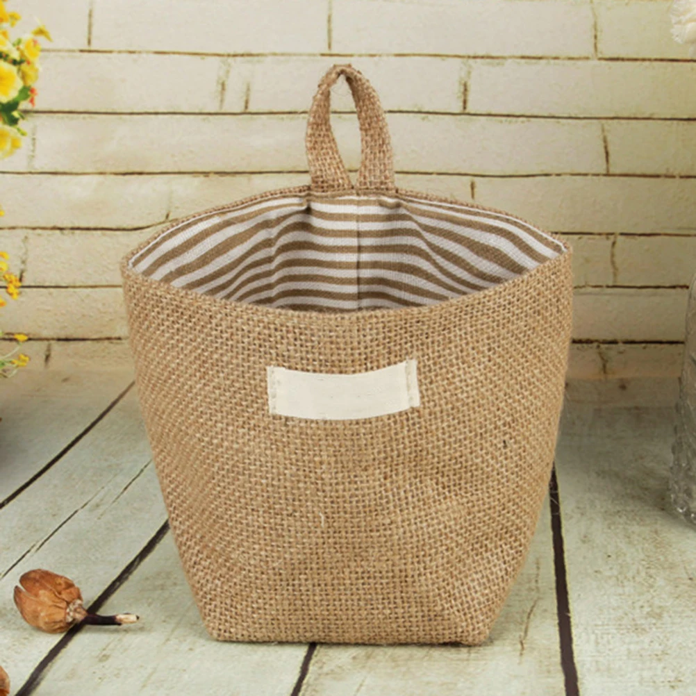 

Hanging Storage Bag Jute Fabric Natural Yellow Stripe For Cosmetics Underwear Tools Organizing Desktop Flower Pot Small