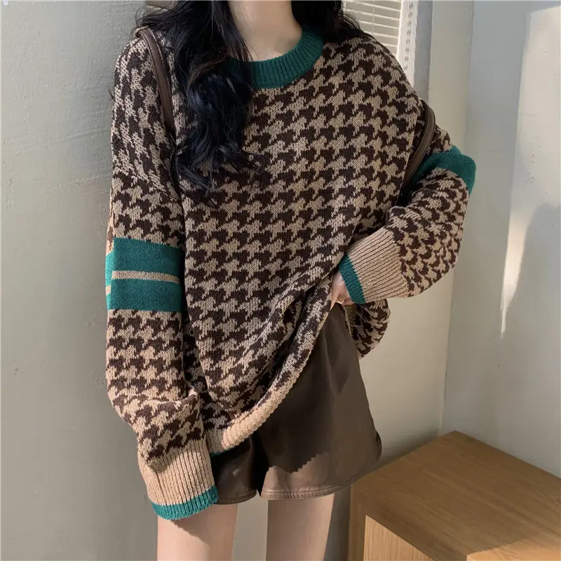 Autumn Winter Korean Fashion Patchwork Long Sleeve Knitwear Women Simplicity Office Lady Sweater All-match Casual Knitting Tops