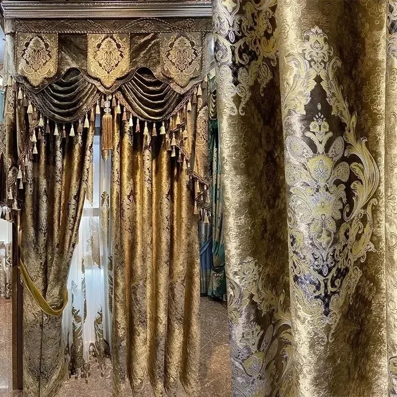1PC Luxury Velvet Curtains for Living Dining Room Bedroom European High Shading Carved Curry Villa Windows Valance Customize