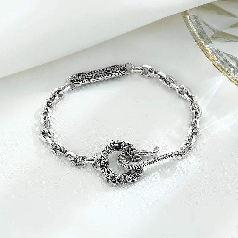 Retro Classic silver 925 Chinese Style Dragon glutton texture charm bracelet Men's trend Couple bangles Banquet Jewelry ﻿ ﻿