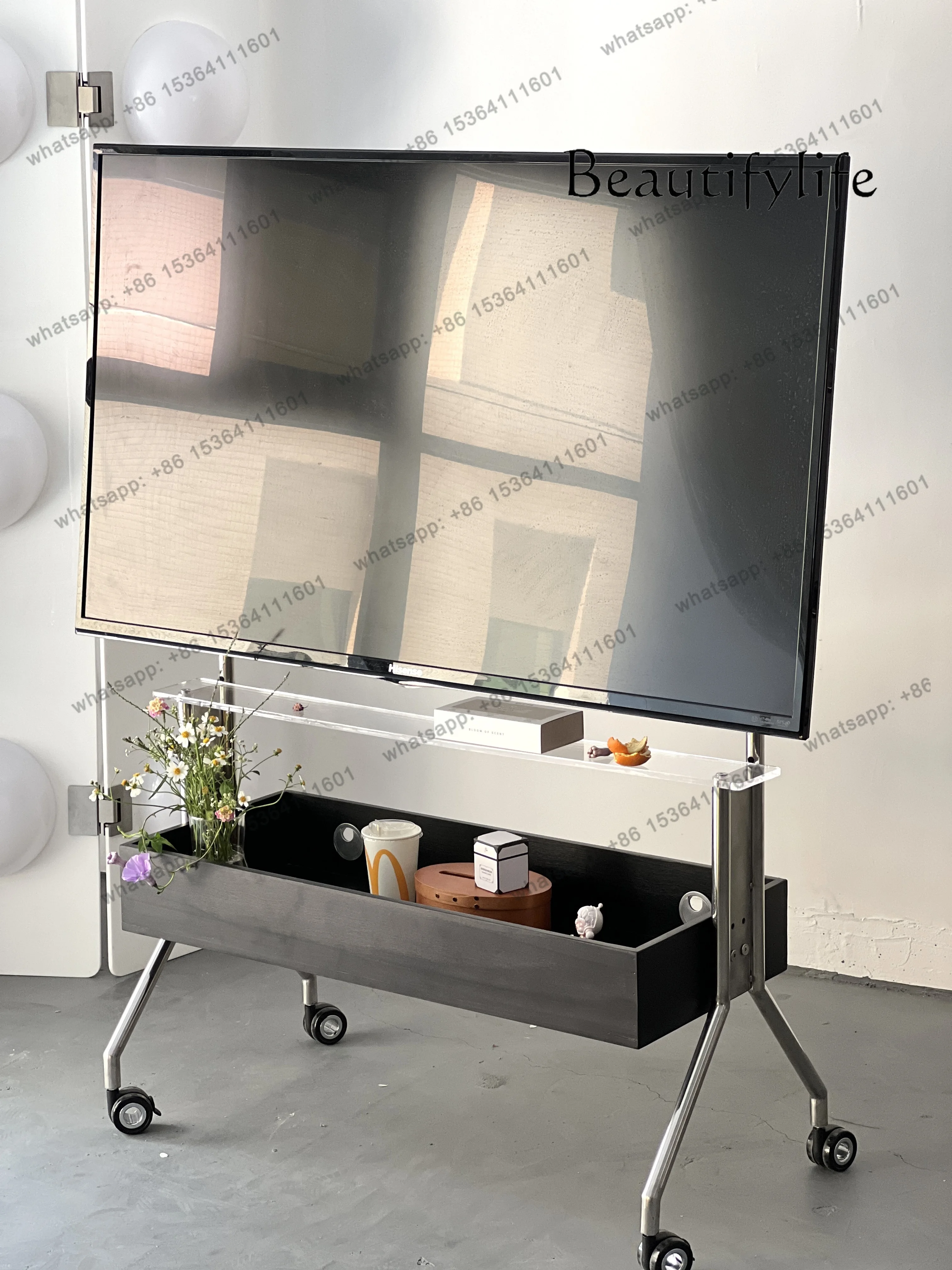 Solid Wood TV Floor-Type Rack Stainless Steel Storage Rack Conference Small Apartment Room Movable TV Bracket