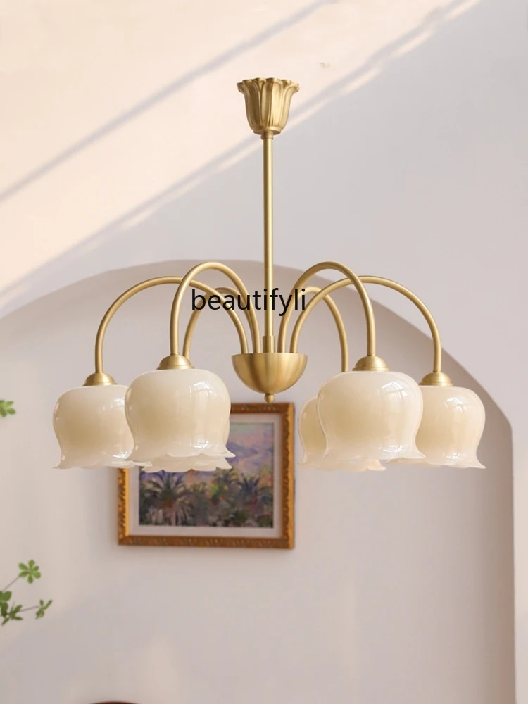 

French Cream Lamp Retro Affordable Luxury American Living Room Dining Room Bedroom Copper Pendant Lamp