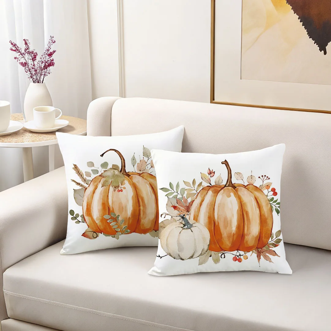 Set of 4, Vintage-Style Short Plush Throw Pillow Covers Featuring a Fall Harvest Design, Measuring 18 Inches by 18 Inches. These