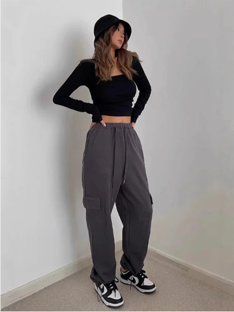 Solid Color High Waisted Pants Pockets Drawstring Women's Sports Pants Daily Street Casual Comfort  Autumn Straight Leg Pants