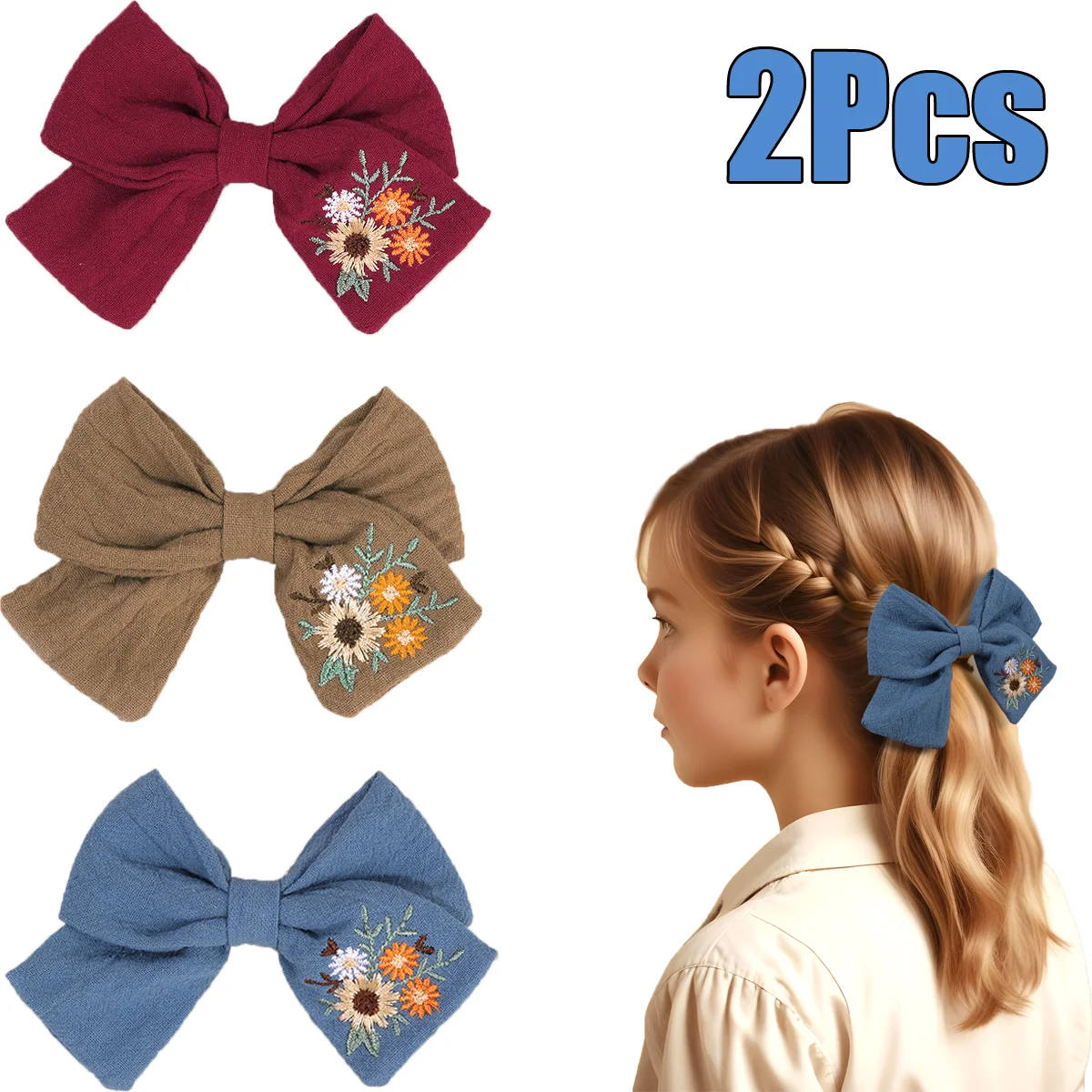 2Pcs Embroidery Floral Hairpin Handmade Trendy Sweet Vintage Fabric Flower Bow Barrette For Girl Cotton Hair Accessory Headwear