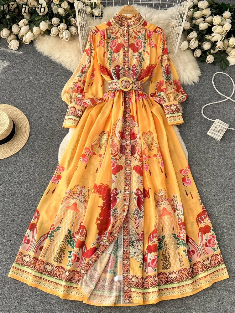 Bohemian Stand Neck Woman Print Dress Lantern Sleeve Robe Femme 2024 Vestidos De Mujer Temperament Belt Split Maxi Dresses Wj